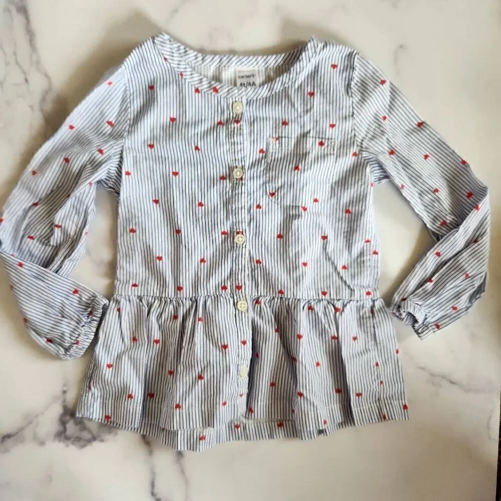 Carter's girls 4T blue white striped cotton red heart peplum top long sleeve